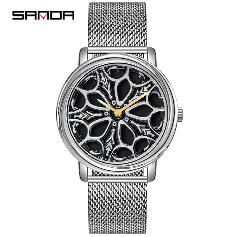 Sanda Men's Creative Rotating Quartz Wristwatch with Mesh Strap