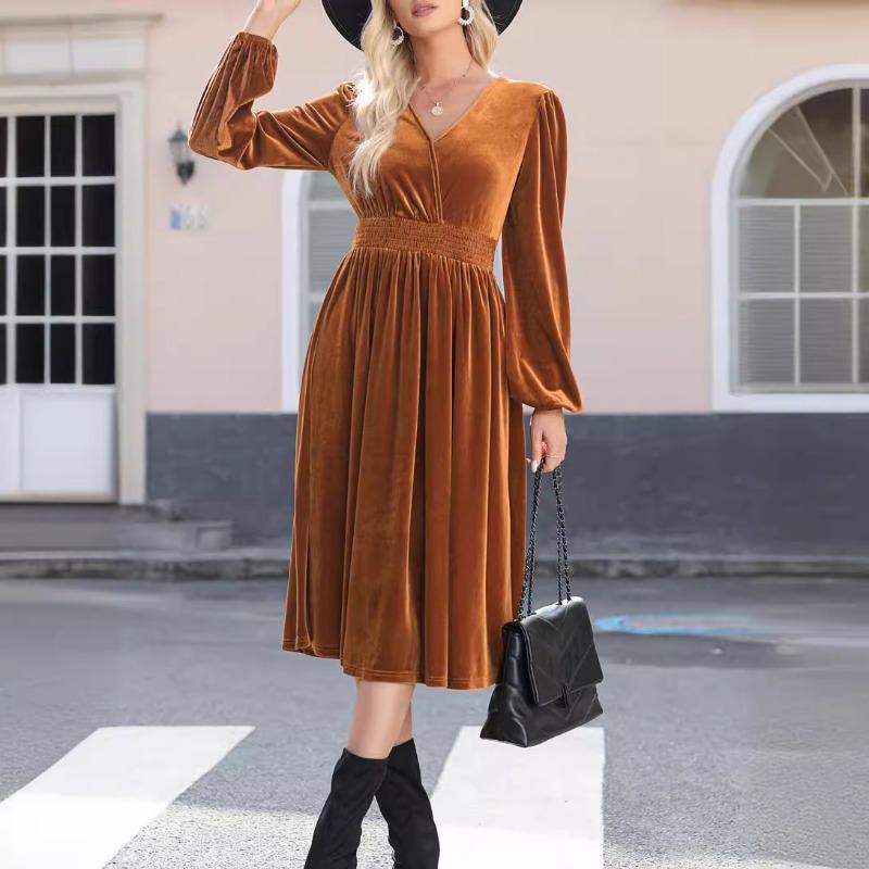 Autumn Winter Fashion V-neck Long Sleeved Dress New Solid Color Outer Wear Women Elegant Commuter Pleated High-waisted A-line Female Office Clothing