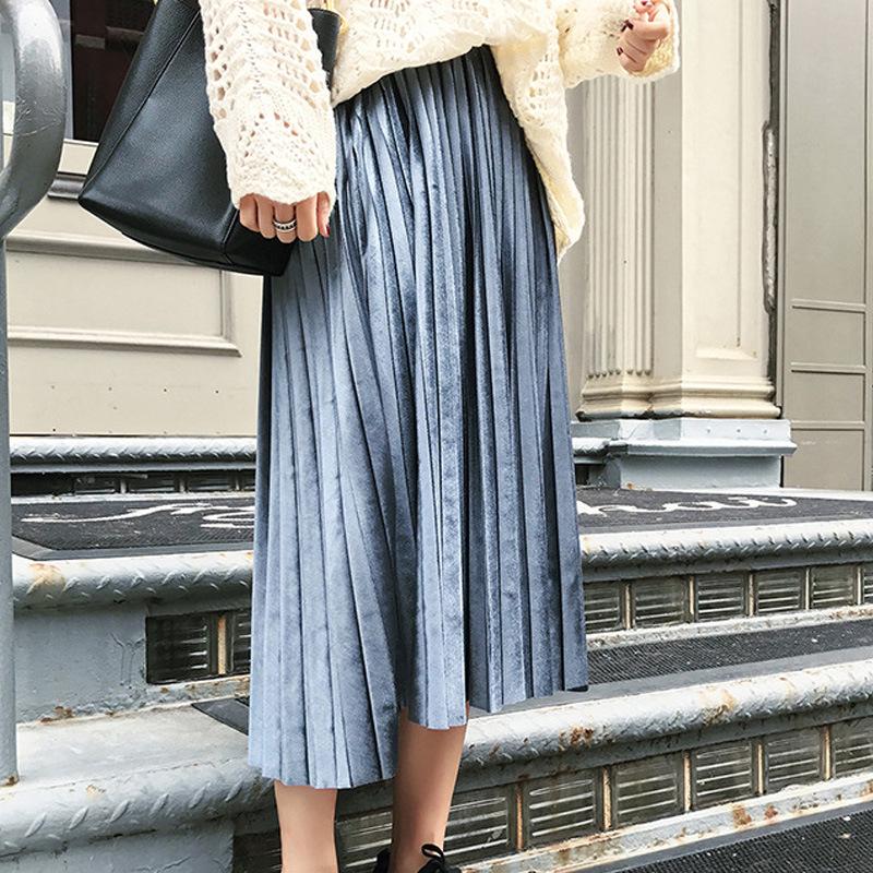 Elegant Pleated Mid-Length Skirt: Spring/Autumn, Solid Color, Elastic Waist, Loose Fit, Plus Size.