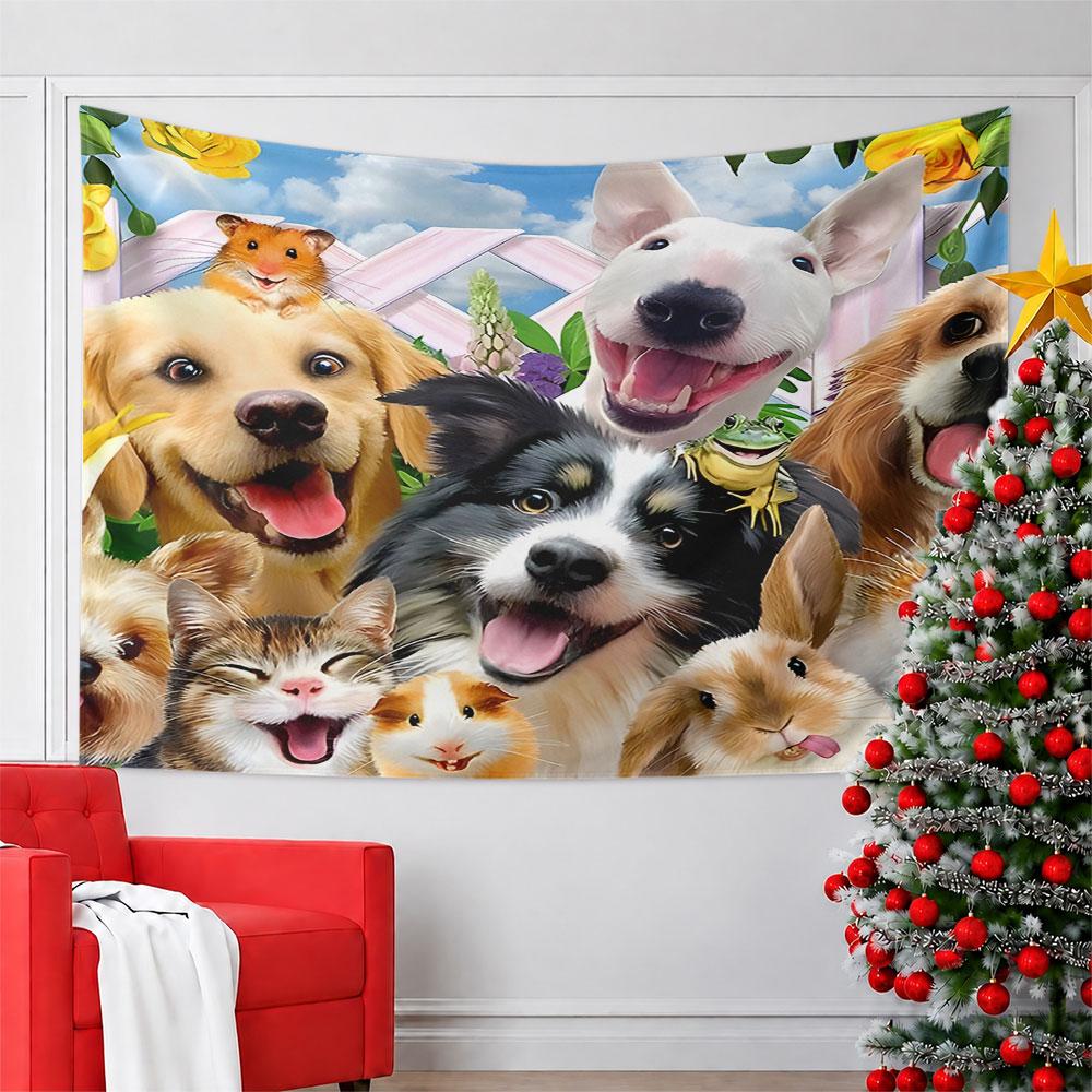 "Happy Animals Group with Flowers" Pattern Wall Hanging Tapestry Decorative Tapestry Home Decor for Bedroom and Living Room