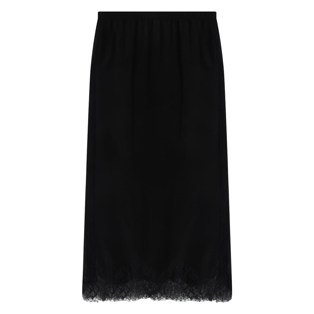 Women’s Black Lace Midi Skirt – Elastic Waist, Elegant Fall Skirt with Hollow Lace Patchwork Hem XS