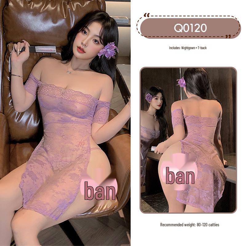 Nine Miles Clear River Purple One-Shoulder Lace Qipao: Strapless, See-Through, High Slit Skirt. One Size