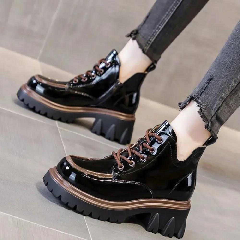 Shoes for Women 2024 Autumn Winter New Chunky Heel Platform Lace-up Women's Boots Fashionable Round Toe Zipper Motorcycle Boots