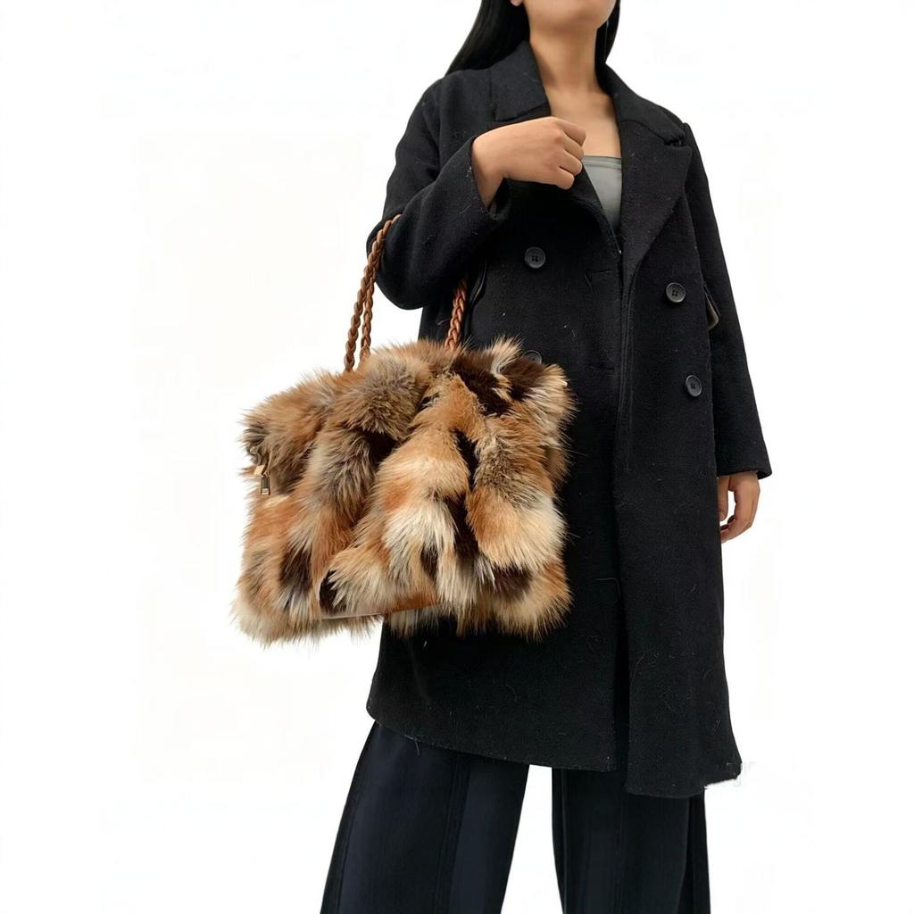 Europäischer Und Amerikanischer Stil Imitation Pelz Plüsch Handtasche Damen Herbst Und Winter Mode Fuchs Fell Tragetasche Kontrastfarbe Pelz Tasche