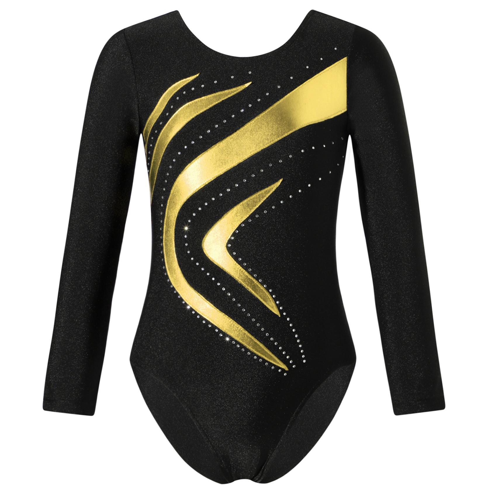 IEFiEL Kinderen meisjes glanzend strass decor gymnastiek turnpakje ronde hals lange mouw fitness dans bodysuit outfit 9-10 Years goud