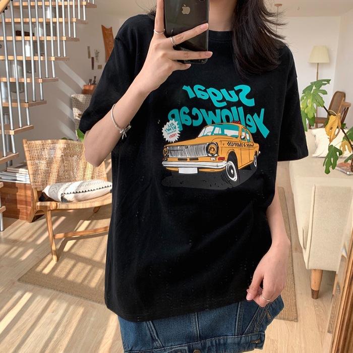 

Pure cotton short-sleeved t-shirt women s summer new design sense niche loose and thin American retro crew neck 3XL чорний