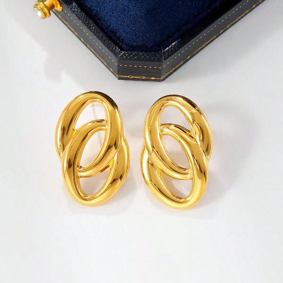 Gold Double Ring Oval Stud Earrings - European & American Style, Polished Stainless Steel, Simple & Elegant Circle Jewelry