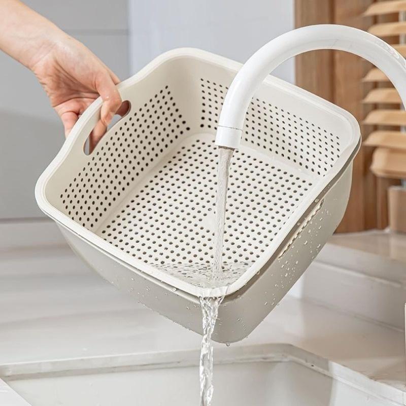 Food Grade Plastic Dual Layer Drain Basket Fine Drain Holes Kitchen Colander Set For Washing Fruits& Vegetables