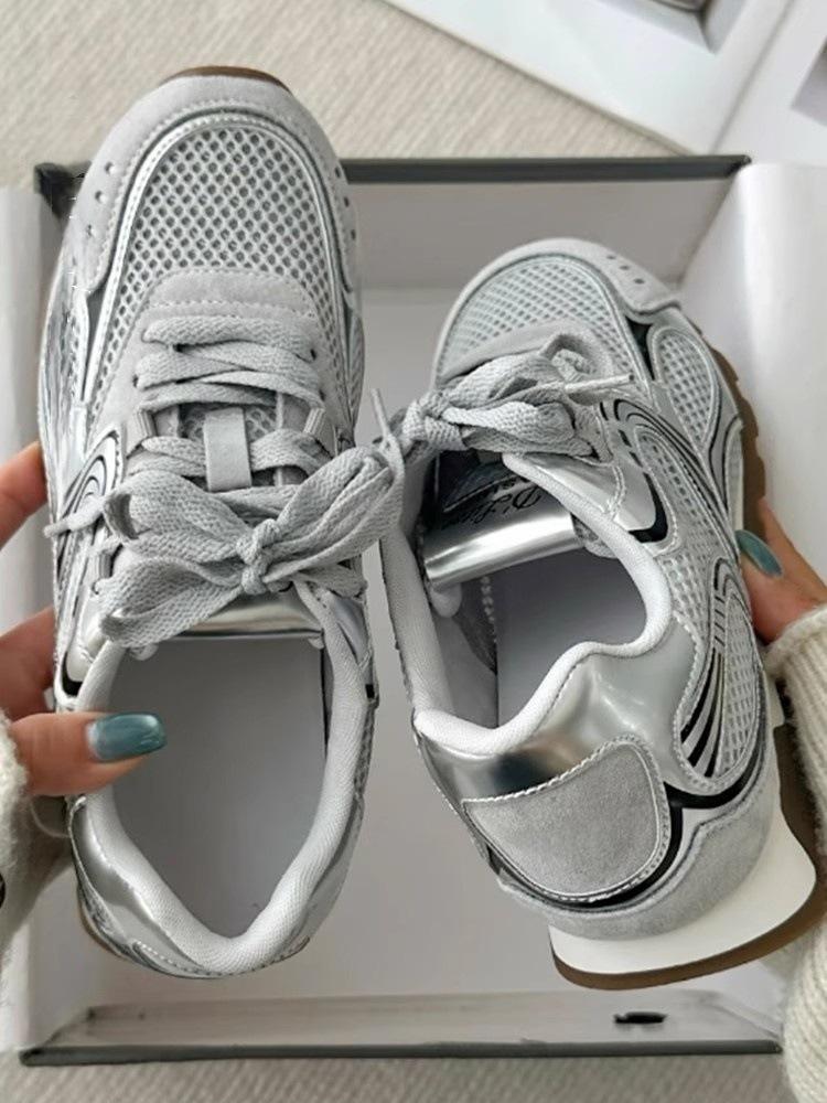 Silver mesh breathable thick-soled Forrest Gump shoes women's 2025 new retro color matching comfortable and lightweight casual sports shoes
