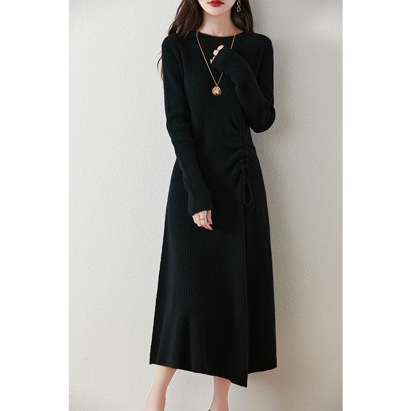 Women's Cashmere Knit A-Line Dress - Mid-Length, Round Neck, Over-the-Knee, 100% Pure, Casual and Versatile