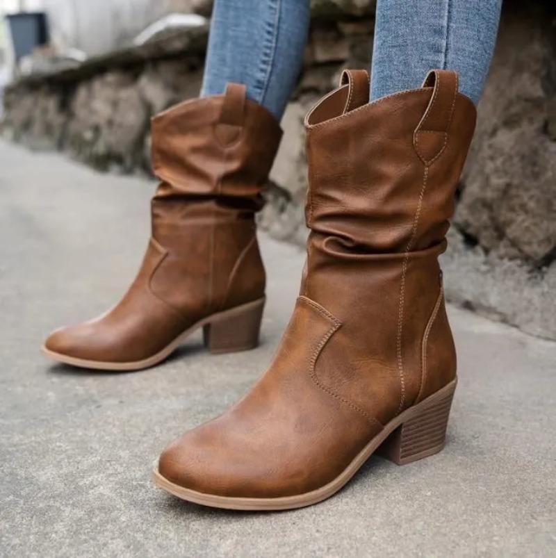 

Женские ковбойские сапоги в стиле вестерн, осенне-зимние, с острым носком, на толстом каблуке, из искусственной кожи с оборками, до середины голени, женские, большого размера 35 коричневый