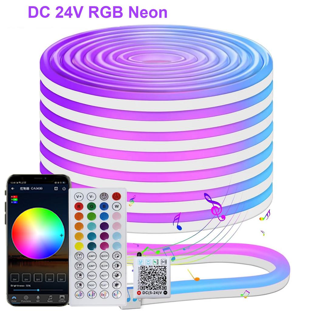24 Volt Rgb Flexible Neon Light Strip 15 20 Meters 5M 10M 30M Waterproof Led Neon Light Rope With Remote App Control Tape Lamp
