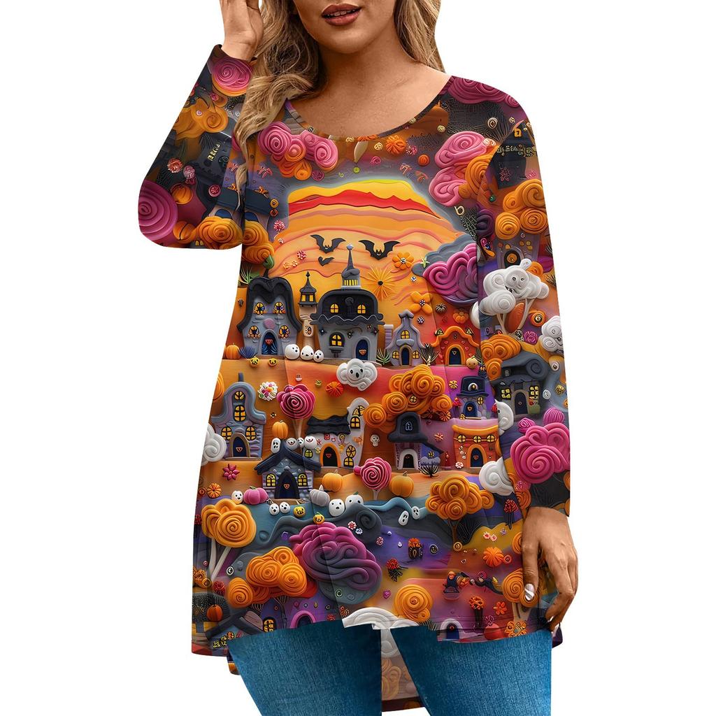 Dames Mode Grote Maat Ronde Hals Lange Mouwen Casual Halloween Print Losse Pullover Top