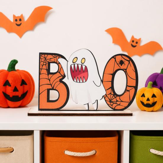 Halloween Home Festive Decor Wooden Table Sign, Cute Pumpkin Boo Ghost Solid Wood Sign Tabletop Centerpiece for Indoor Mantel Fireplace Smooth Holiday