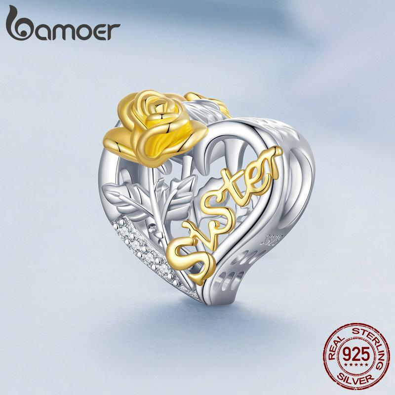 

BAMOER стерлингового серебра 925 пробы изысканное сердце Роза и сестра с гравировкой очаровательные бусины для женщин оригинальный браслет и ювелирные изделия 925 silver