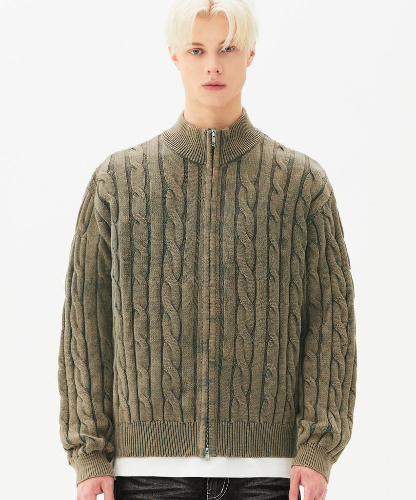 TRILLION Vintage Washed Cable 2-Way Zip-Up Knit (Beige Khaki)