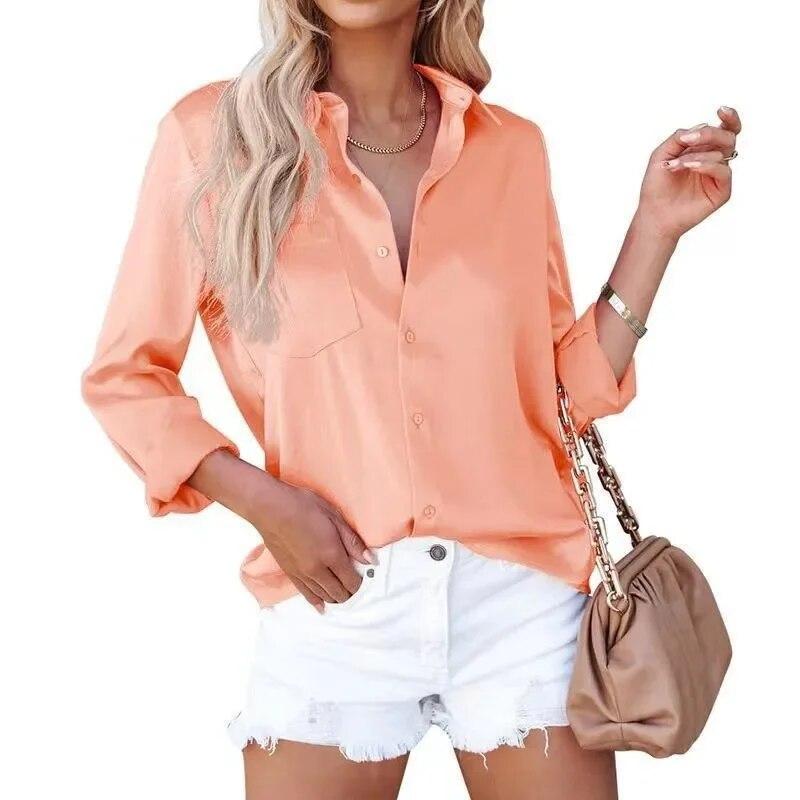

Элегантная однотонная атласная рубашка на пуговицах, женские блузки с длинным рукавом и отложным воротником, женские элегантные повседневные офисные женские шелковые топы 30481 XL оранжевый