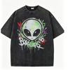 Retro Alien Print T Shirt Mens Oversized Washed Black Tee Gothic Streetwear Casual Tops