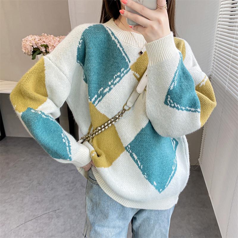 

Винтажный свитер большого размера с круглым вырезом и круглым вырезом, свободные осенние свитера для женщин, корейский модный свитер с длинными рукавами one size бежевый