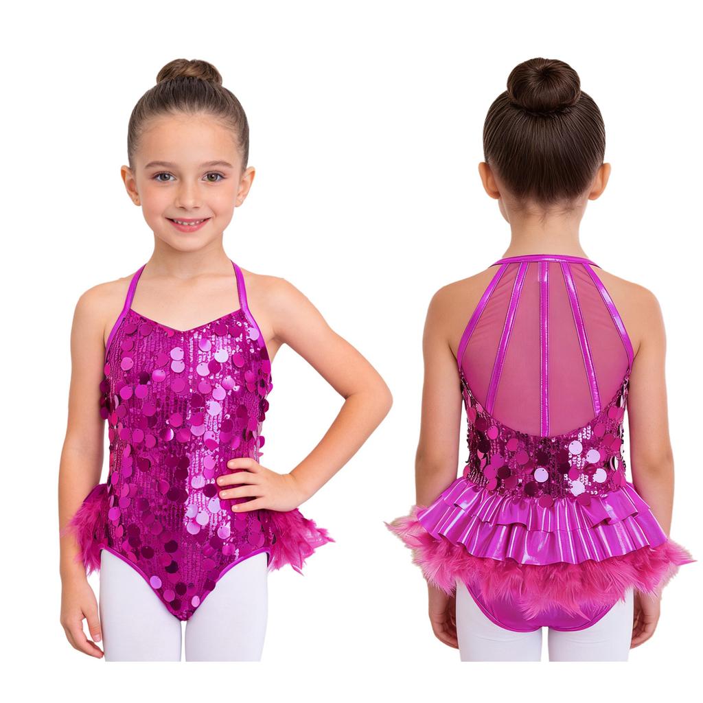 Kids Girls Dance Performance Costume Sleeveless Side Invisible Zipper Back Mesh Patchwork Feather Glittery Sequin Leotard
