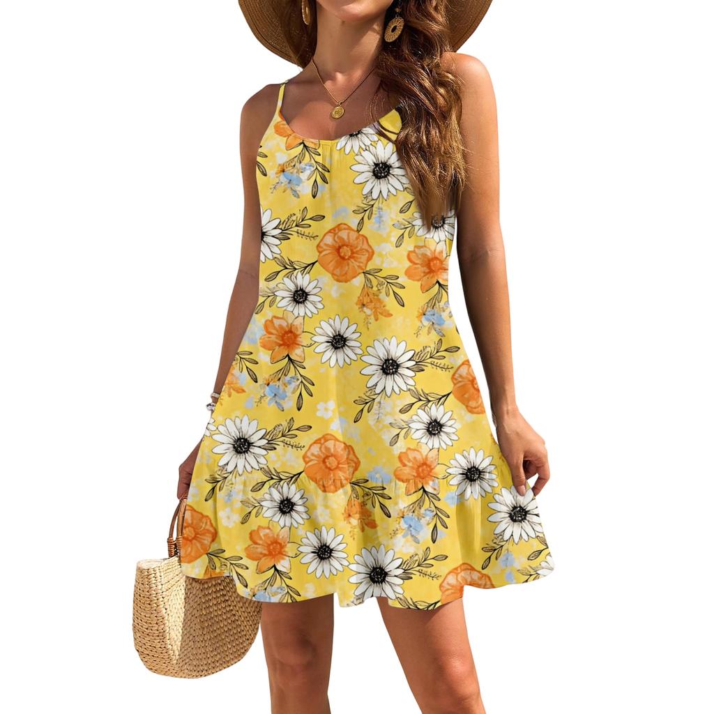 Women's Sleeveless Sling Loose Casual Elegant Beach Floral Print Dress