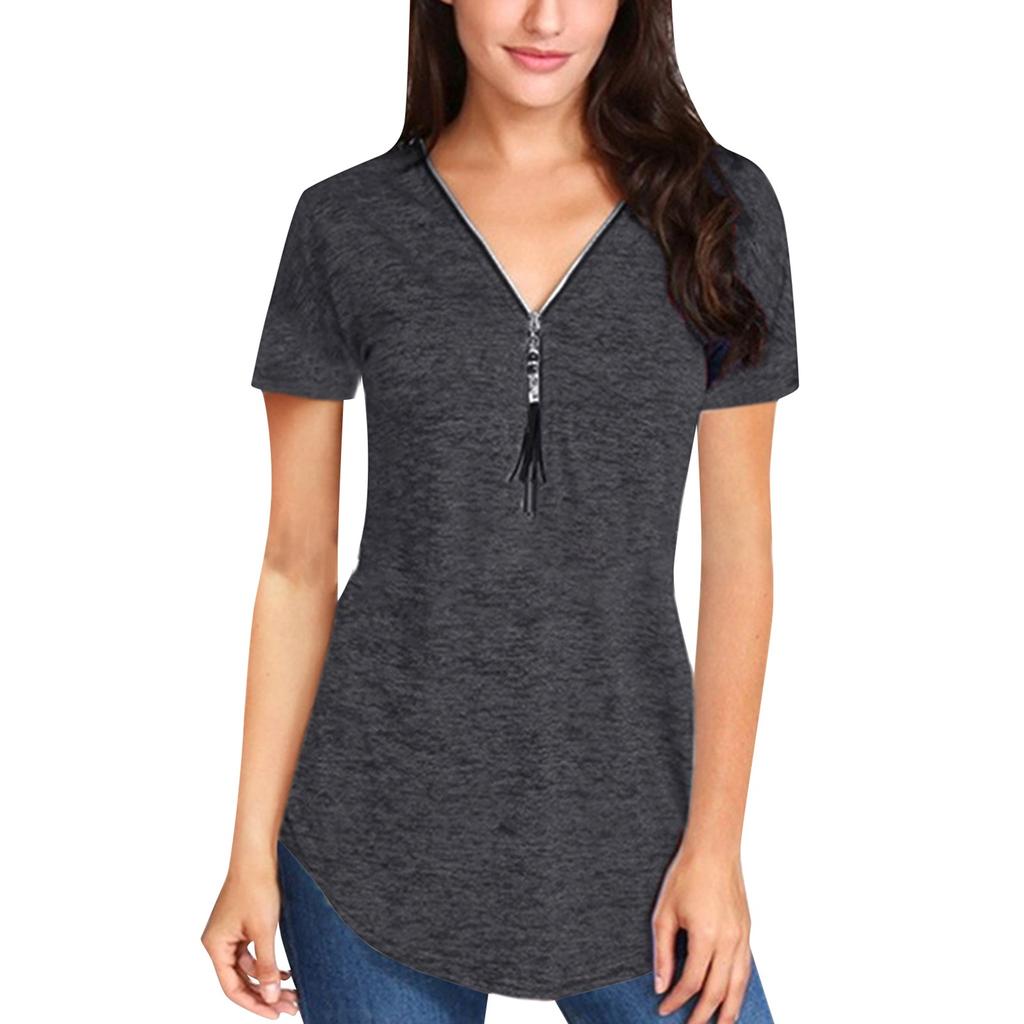 Women's Fashion Summer V-neck Tassel Zipper Color Short Sleeve Pullover T-shirt Top
