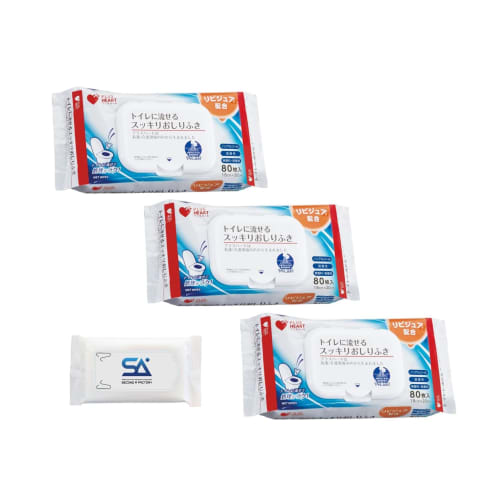 Plus Heart Adult Wet Wipes, Flushable, Refreshing, 80 Sheets, Non-Alcoholic, with Lid, Set of 3, Made in Japan, 72002, Includes Original Wet Wipes (s3