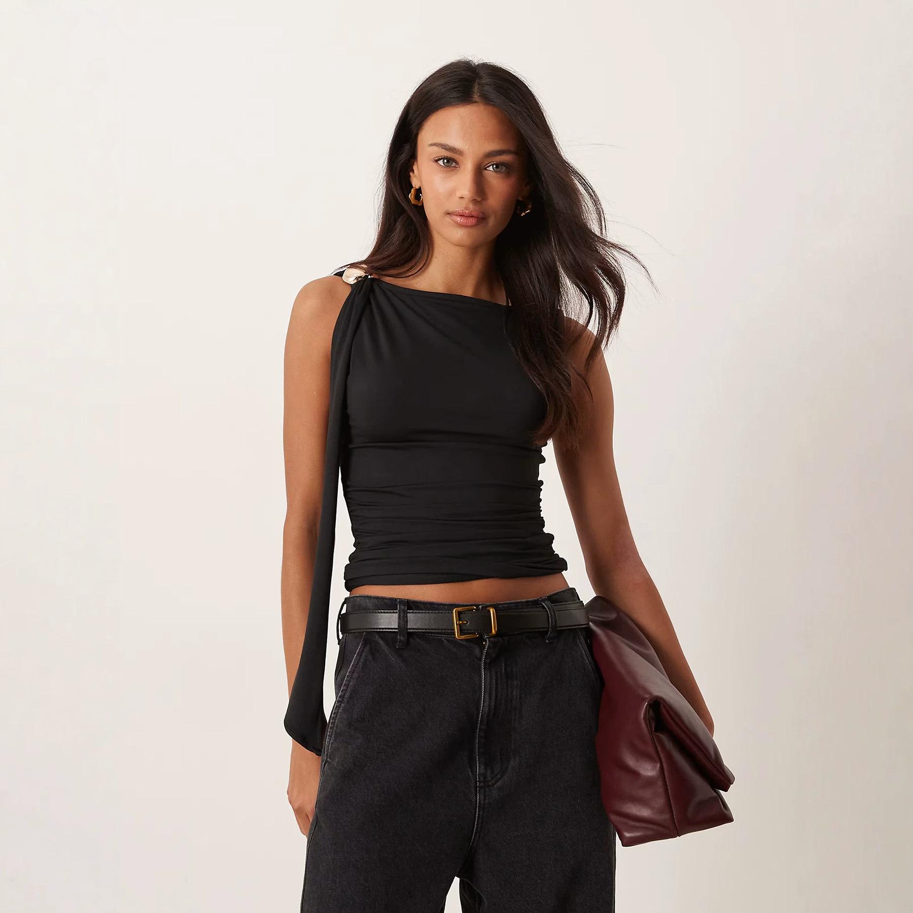 Women s Asymmetric One Shoulder Ruched Sleeveless Cami Top Casual Slim Fit Tank Top XS чёрный