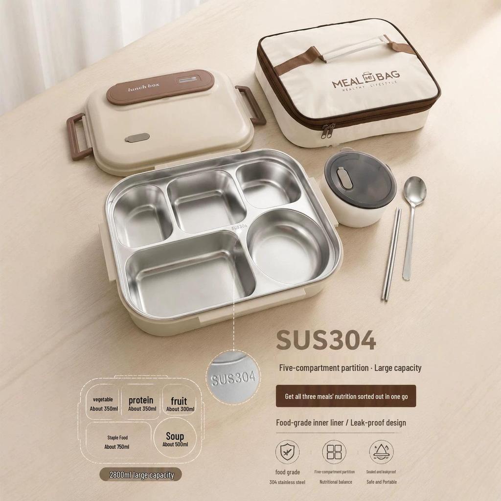 Large Capacity 304 Stainless Steel Insulated Lunch Box with Five Compartments for Office & School Canteens