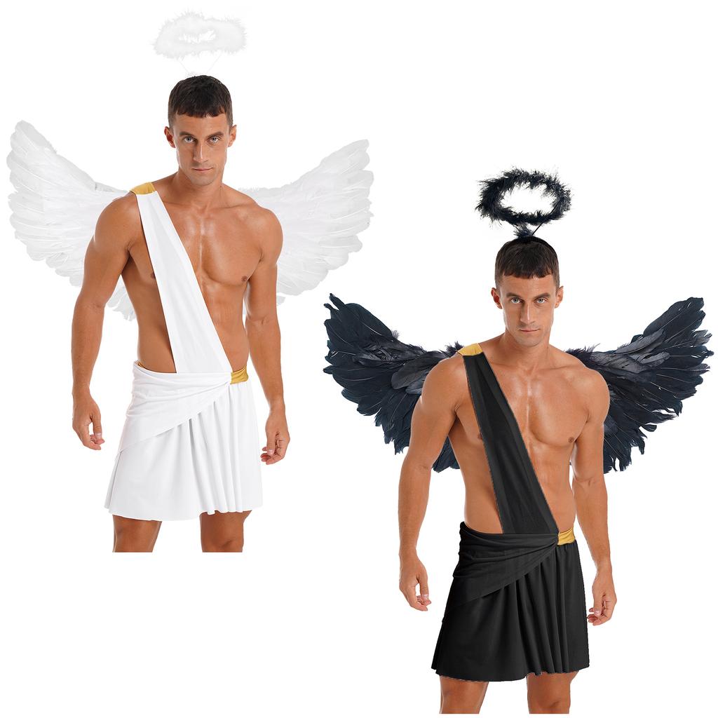 Mens Halloween Angel Costume One Shoulder Strap Ruffle Skirt Feather Angel Wings Hair Hoop Set