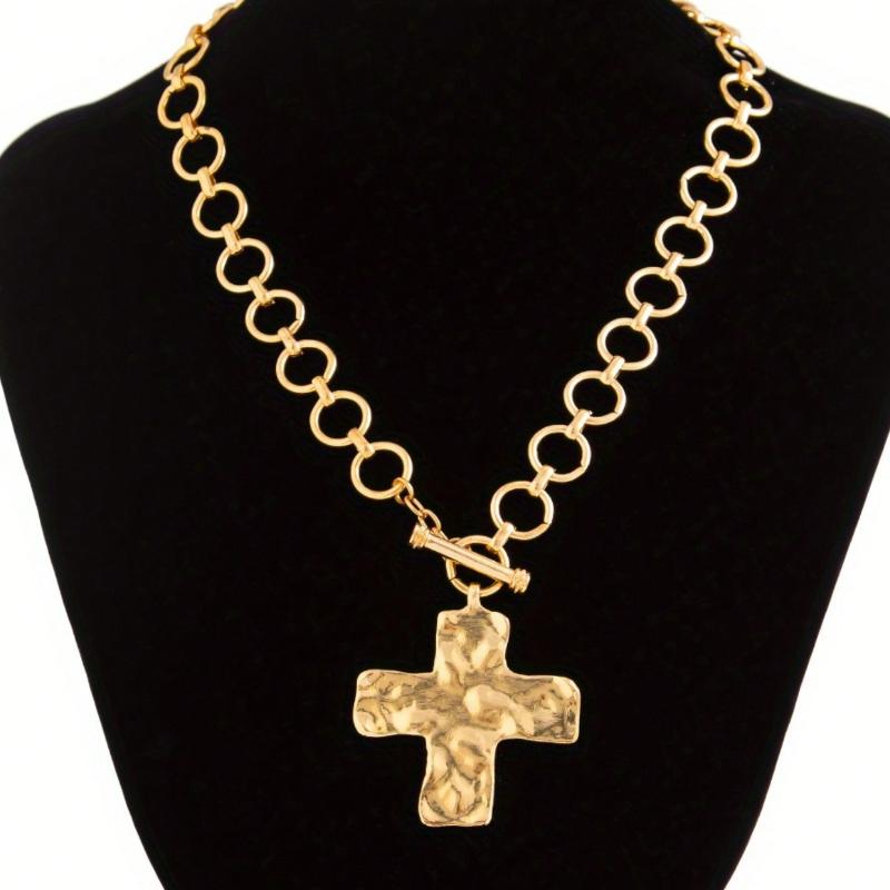 

Hammered Bold Cross Necklace Thick Chain Set for Women Men Chunky Golden Silvery Statement Pendant Necklace Vintage Chain Pendant Jewelry Necklace&one-size золотой