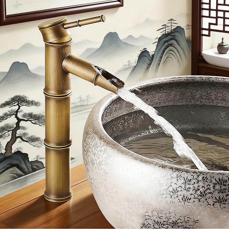 European Antique Bamboo Style Basin Faucet - Solid Copper Vessel Sink Mixer Tap, Hot & Cold Water for Wash Basin
