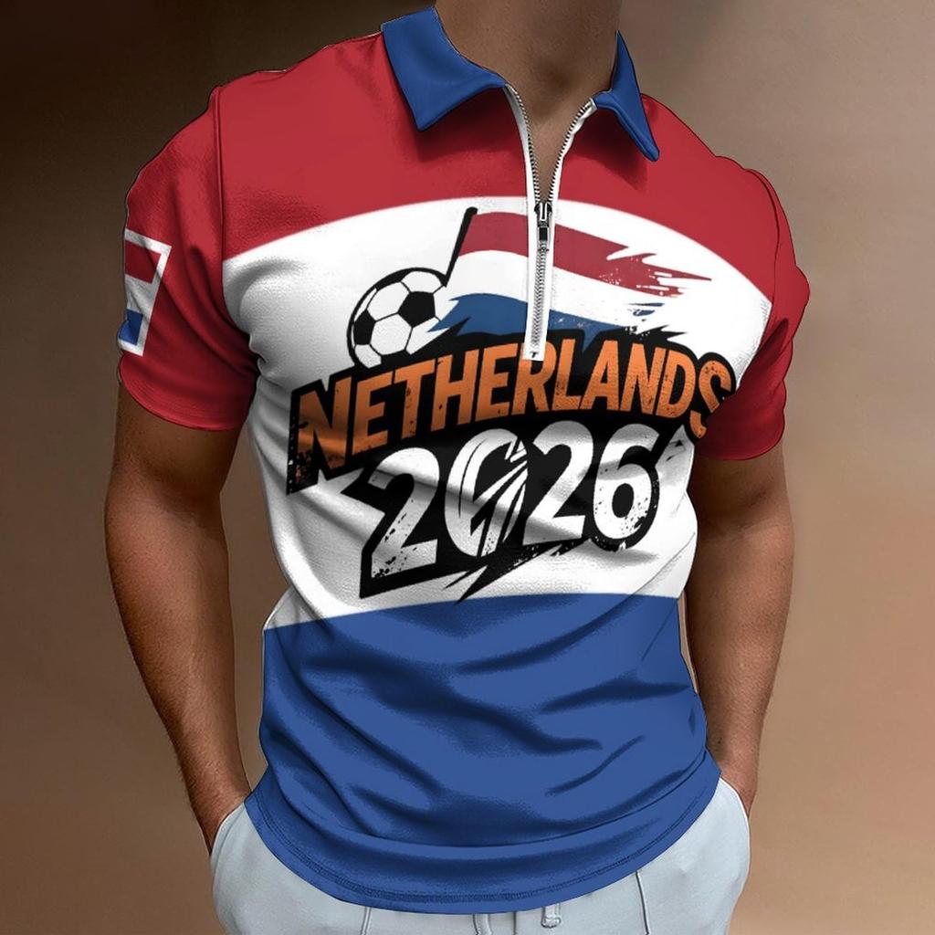 Men’s Casual Loose Fit Polo Shirt with Letter Print Zip Collar Short Sleeve Comfortable Breathable Top for Everyday Wear