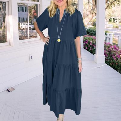 Women's V-Neck Midi Dress Summer Casual Short Sleeve Maxi Dress Flowy