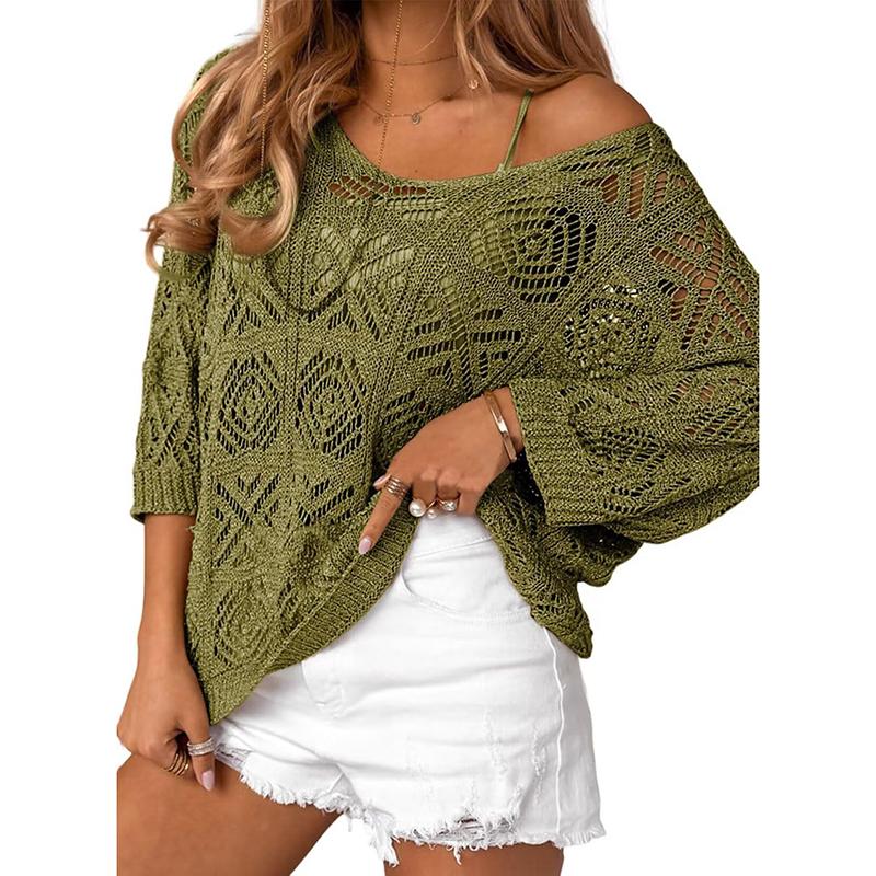 New Sexy V Neck Hollow Out Knitted Sweater Spring Solid Half Sleeve Cape Top Pullover Autumn Fashion Cover Up Women Beach Top