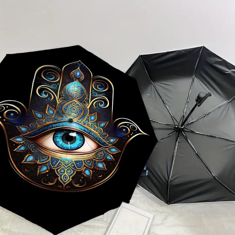 1PC Hamsa Eye Automatic Open/Close Umbrella with Windproof, 8-Rib Sturdy Canopy, Durable Ribs, Fashionable Design, Outdoor Accessory, Fun Prin, Holida