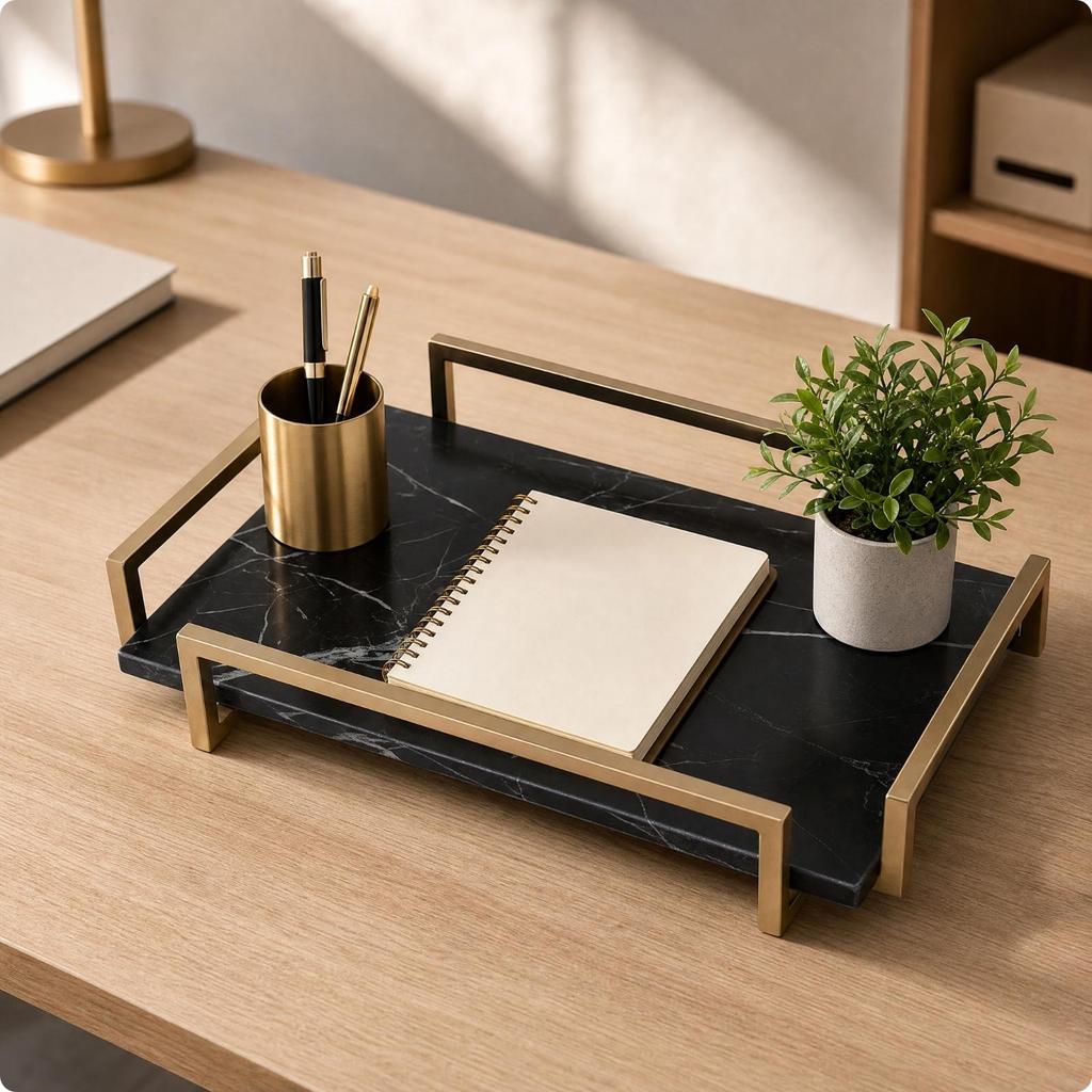 Plateau de service en marbre avec poignées métalliques Portable pour le service du thé
