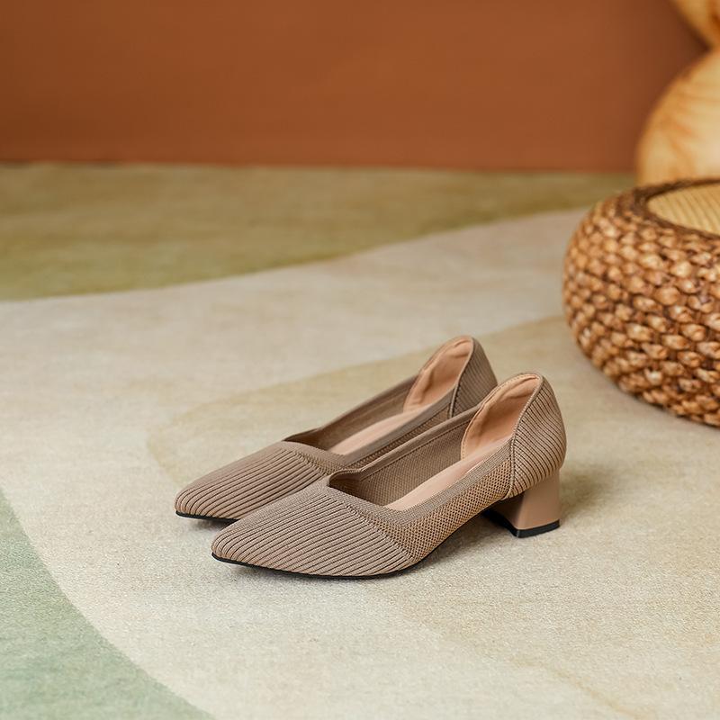 Middle heel new pointed head shallow mouth single shoes thick heel knitted flying shoes high heel women's shoes