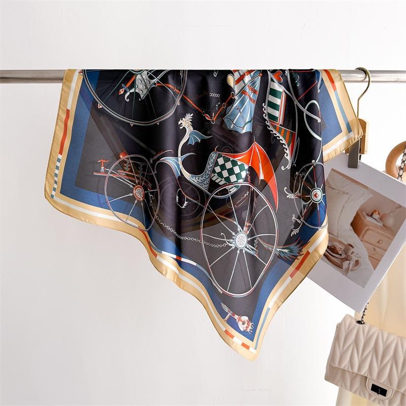 

68cm Retro Mechanical Printed Scarf Women s Spring and Summer New Imitation Silk Square Scarf High-end Versatile Shawl Headscarf темно-синий