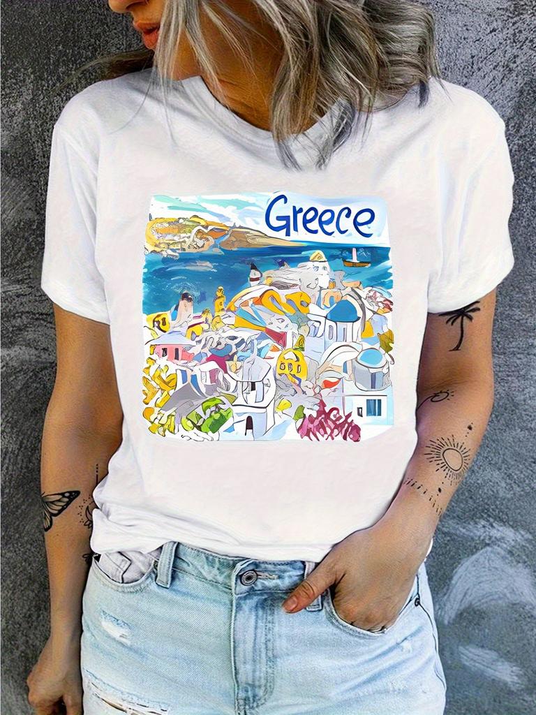 Damen Griechenland T-Shirt Griechische Inseln Festland Sehenswürdigkeiten Weiß Kurzarm mit Griechischem Schlüsselmuster