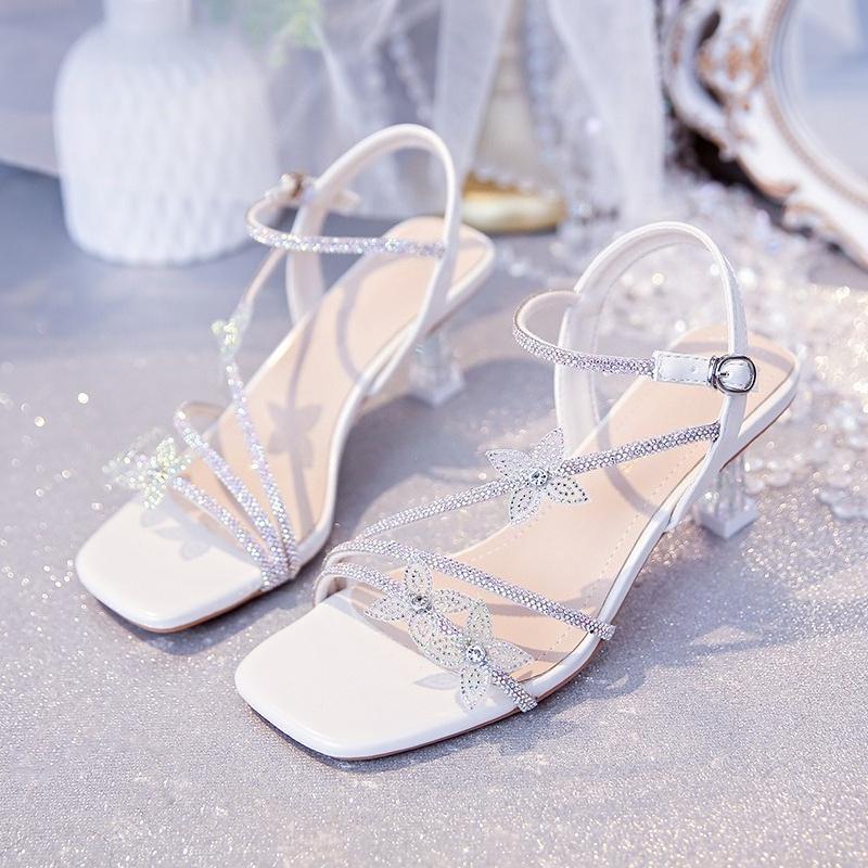 Fine with Butterfly Rhinestone Temperament Sandals Summer Square Head Foreign Air Fairy Everything Match High Heels