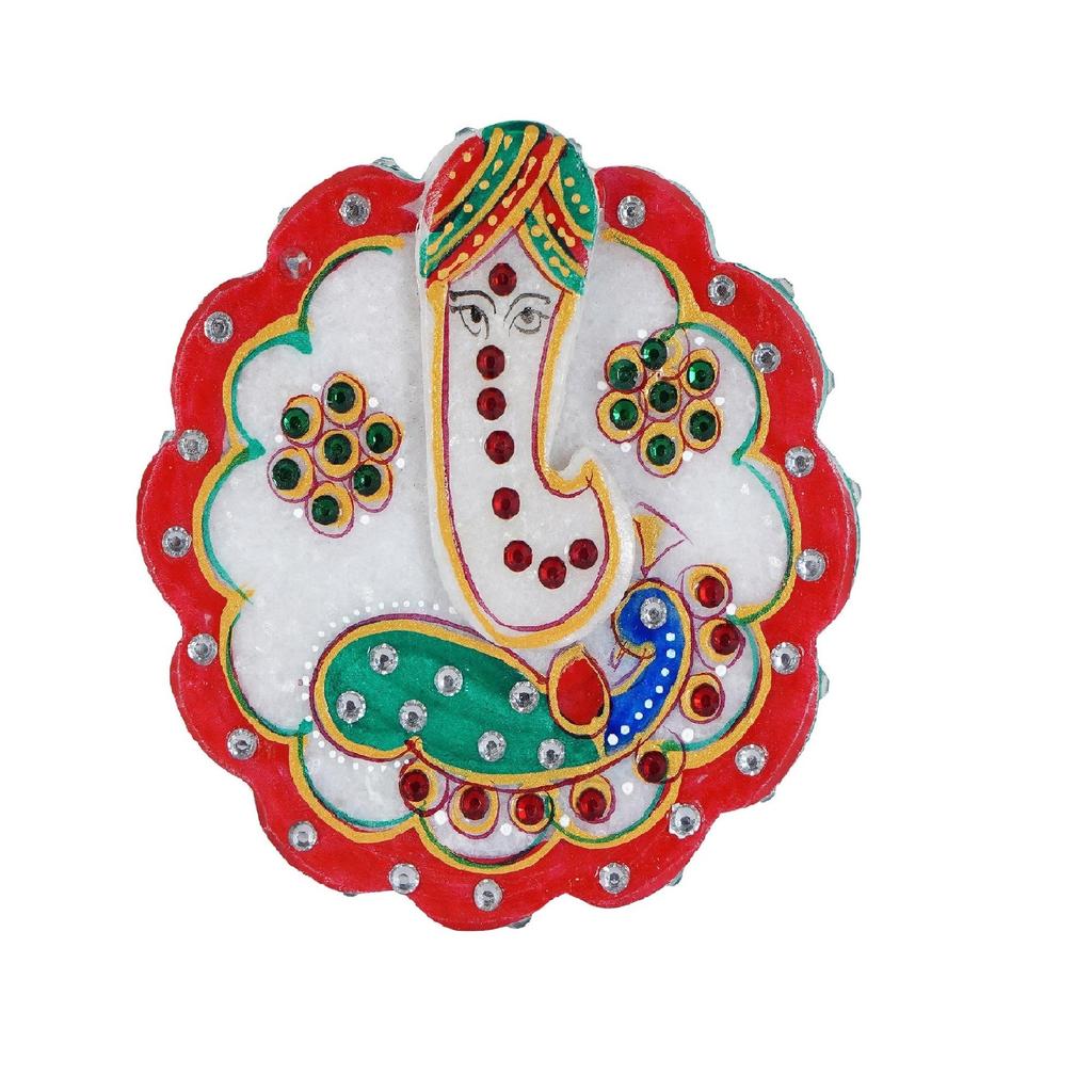Marble Made Round Shape Roli Rice Kumkum Ganesh Chopra for Tilak Tika, Wedding Gifts, Raksha Bhandhan Gift