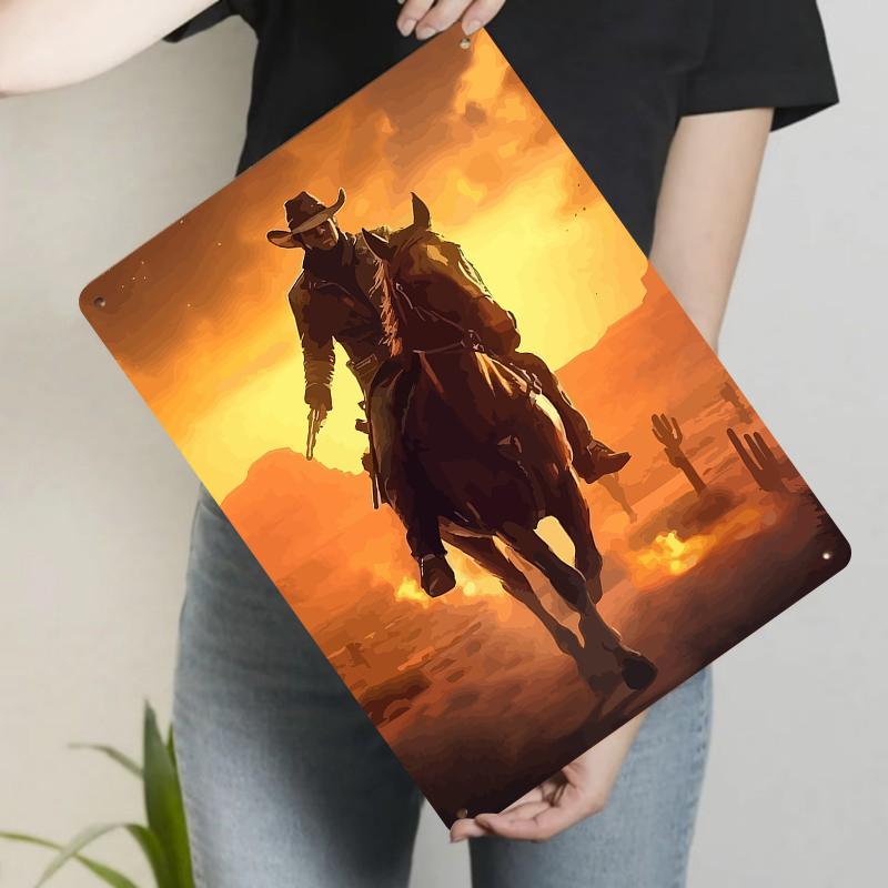 

Vintage Western Cowboy Riding Horse Sunset Metal Wall Art Decor for Living Room Bar Home Decoration 20x30cm（7.8x11.8inch）