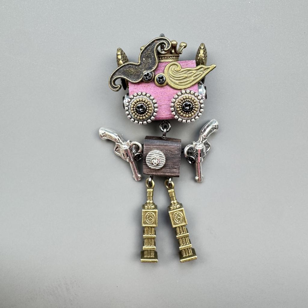 Handmade Rustic Wood Punk Robot Bamboo Chain Pendant Necklace with Keychain Ornament for Birthday Anniversary Unisex Boys Girls