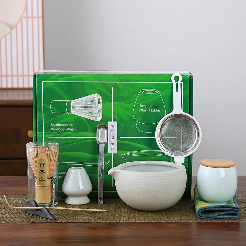 9pcs/set Japanese Ceramic Matcha Gift Box Green Tea Chasen Holder Stand Bowl Bamboo Whisk Grinder Brushes Tea Tools Holder Tea