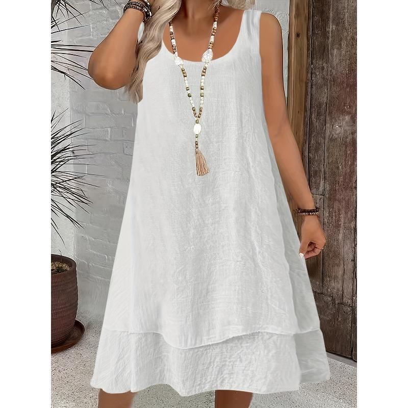 

women s Layered Hem U Neck Sleeveless Solid Color Loose A Line Midi Dress Casual Tank Sundress S белый