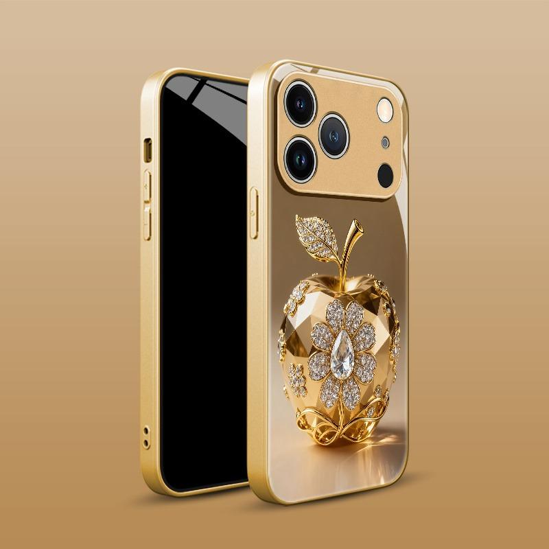 Luxury Crystal For Apple Pattern Metallic Paint Glass Phone Case For iPhone 17 16 15 14 13 12 11 Pro Max 14 Plus 17Air 16E Cover