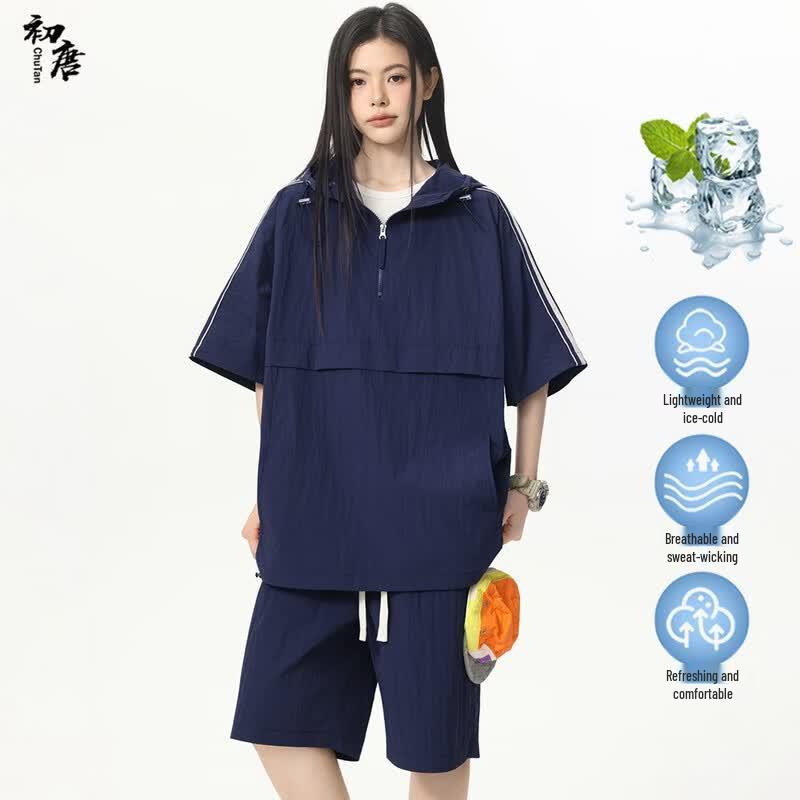 Chutang Unisex Half-Zip Hooded T-shirt & Shorts Casual Set XL