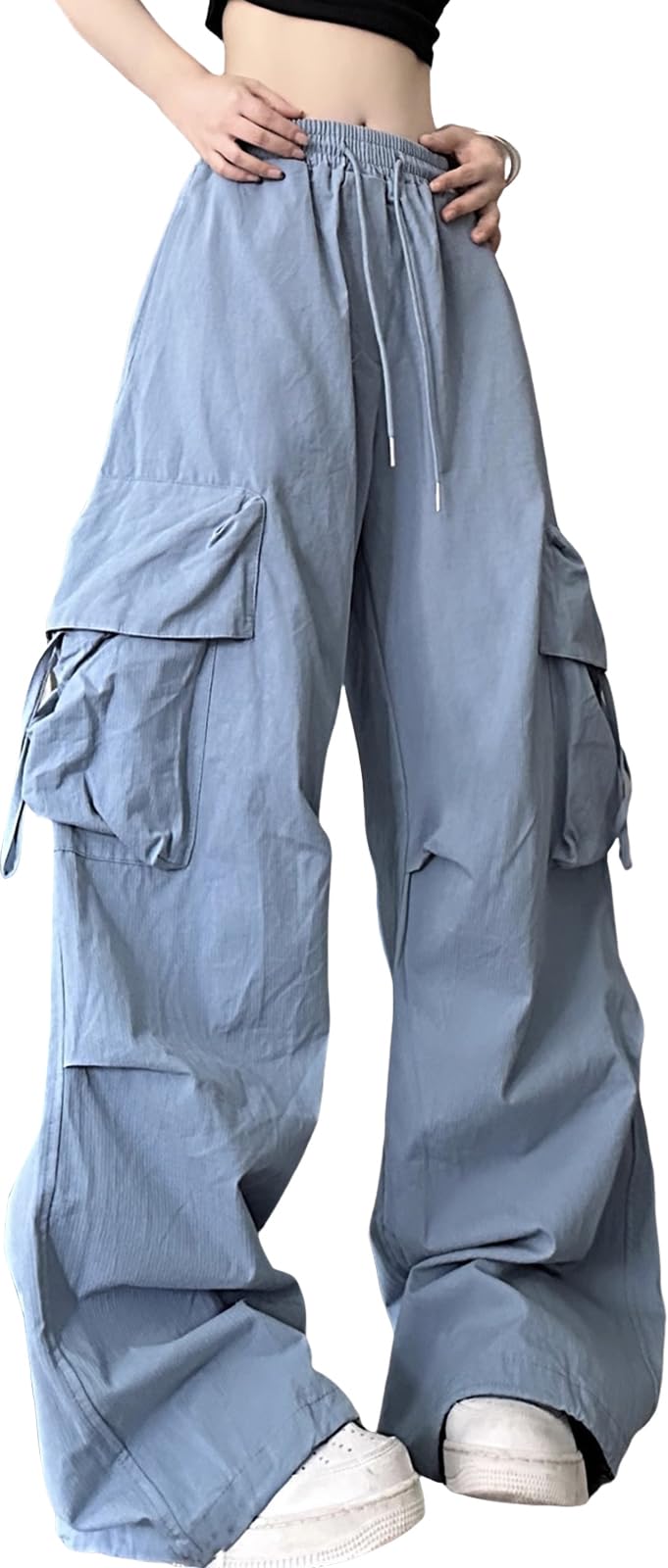 

Chunach Грузовые Широкие Бедра Плюс Легкие Эластичные Регулируемые Однотонные Повседневные Брюки с Высокой Талией, Легкие, Длинные, Штанина, Бедро, Прыжок, Весна, Лето, Осень, Женские, синий