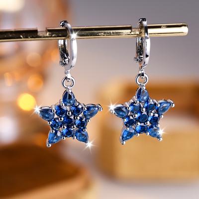 Squisito orecchini pendenti con zirconi rotondi a forma di stella blu per donna, colore argento, regalo unico per feste, gioielli per donna